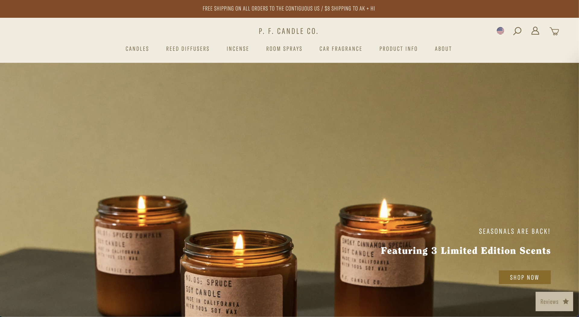 P.F. Candle Co.'s Shopify Website Homepage