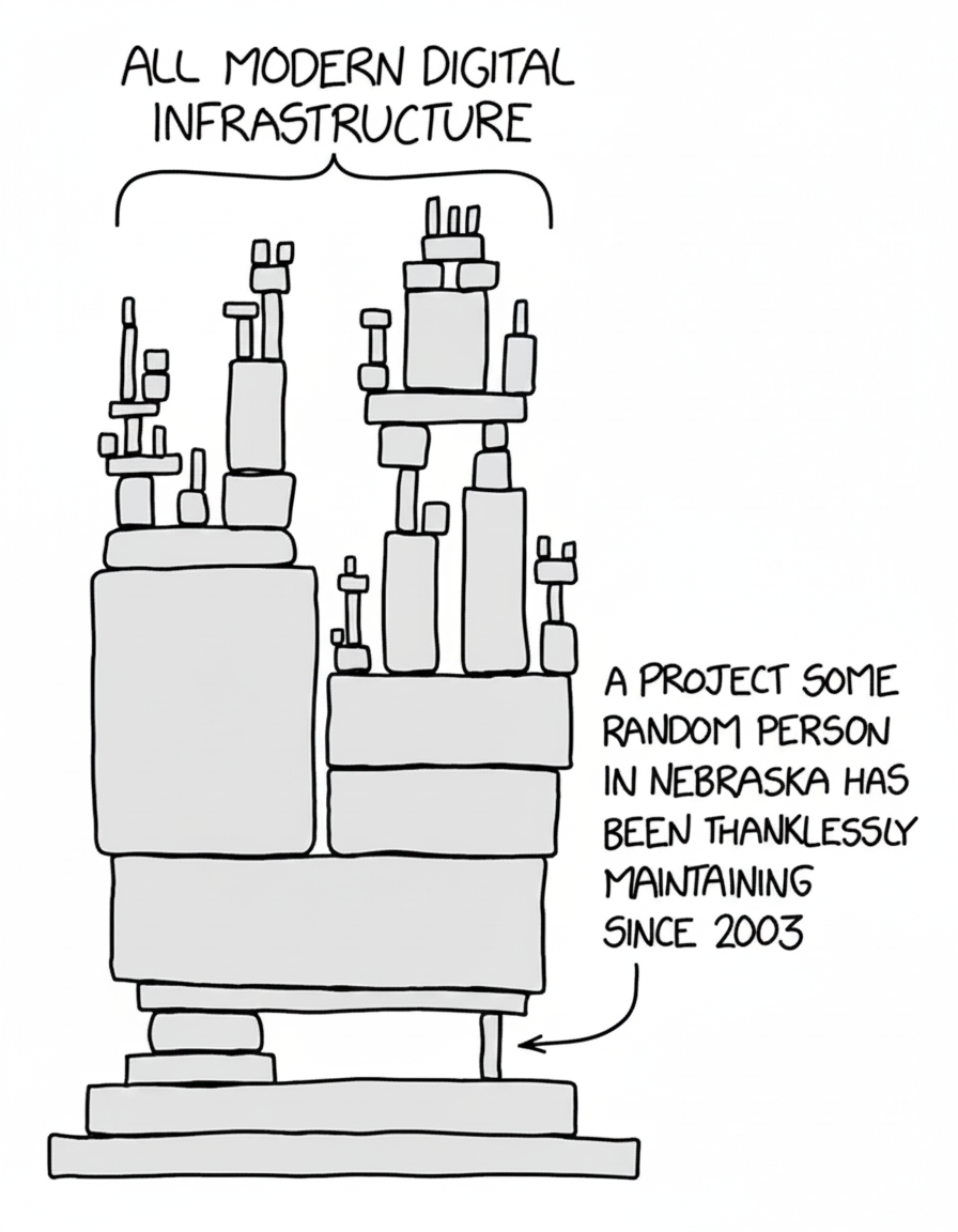 A line drawing of a massive, complex structure labeled "All modern digital infrastructure." The entire structure is precariously balanced on one tiny, thin pillar near the bottom. An arrow points to this pillar with the caption: "A project some random person in Nebraska has been thanklessly maintaining since 2003."