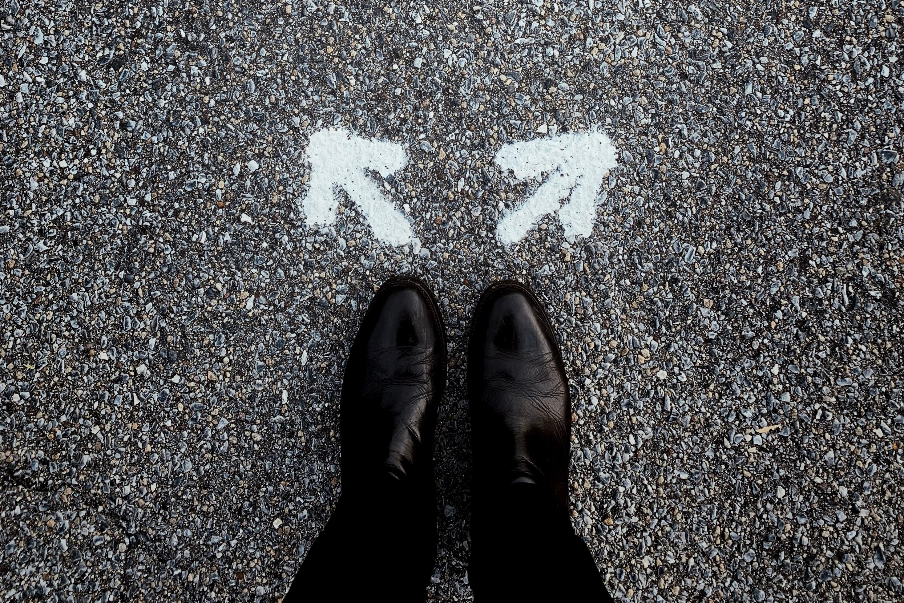 markers on road pointing two different ways