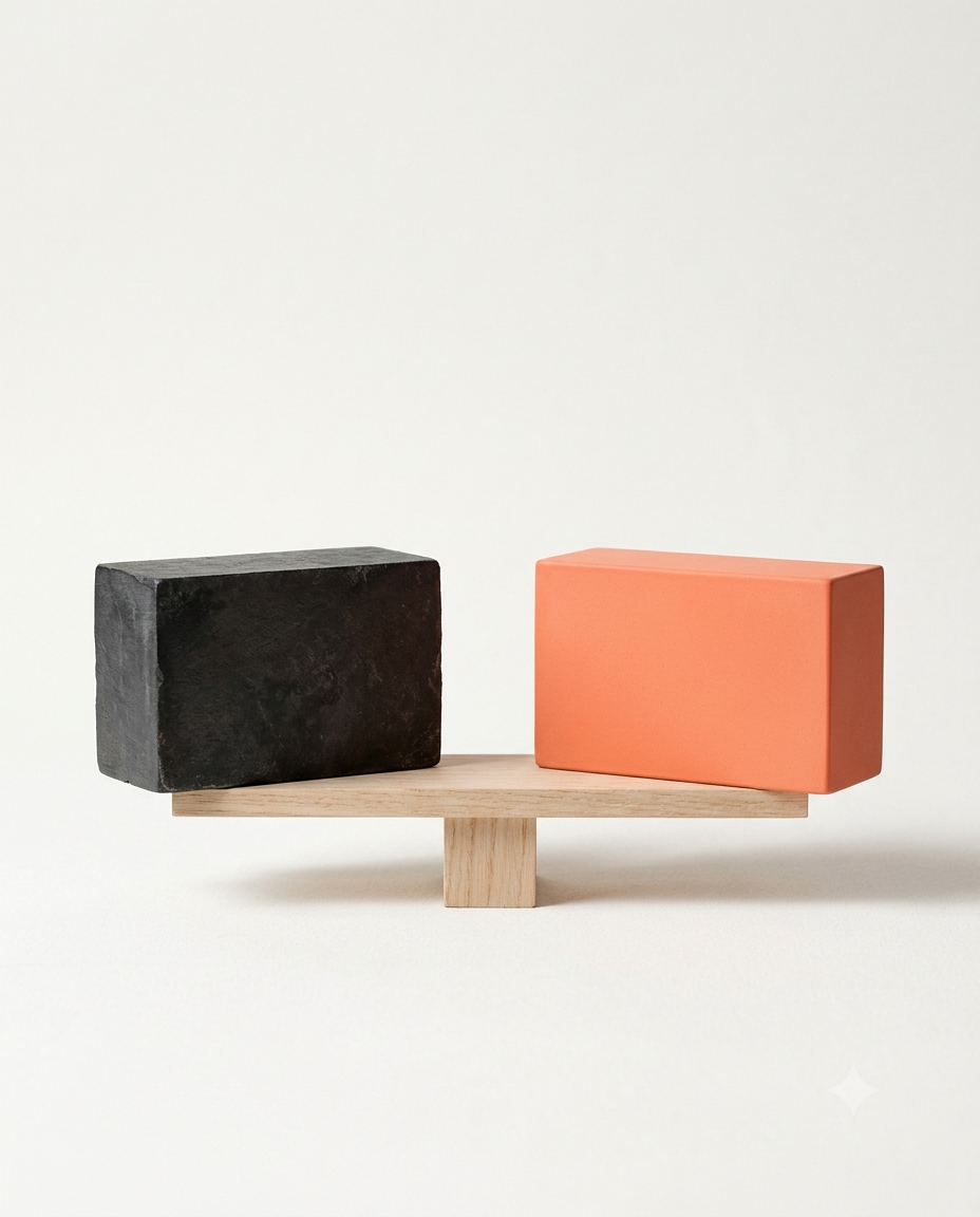 A black block and an orange block balanced on a wooden fulcrum, illustrating a fair, impartial comparison of two platforms.
