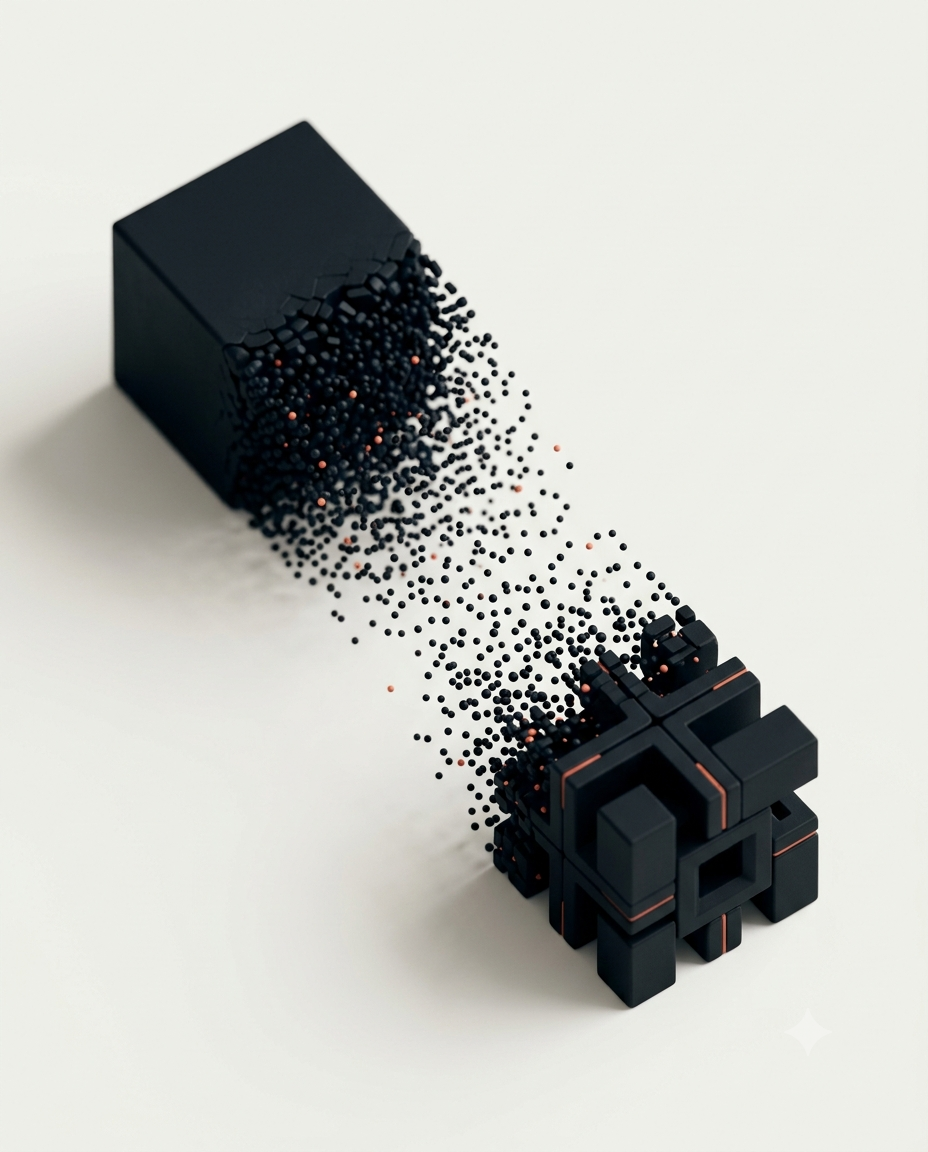 A solid black block dissolving into particles that reassemble into a clean modular cube, illustrating a controlled, low-risk migration.