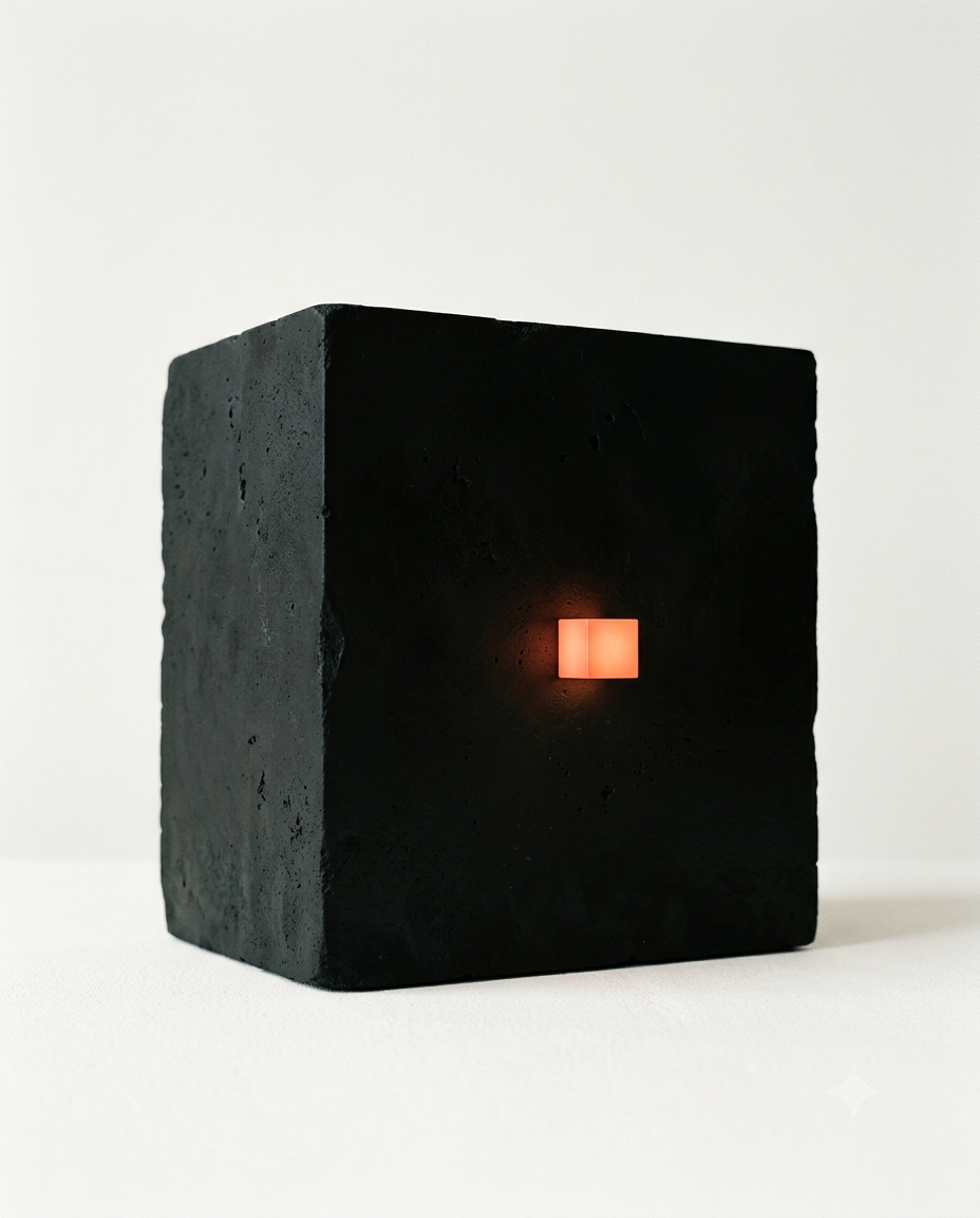 A large matte-black block with a single small glowing orange square, illustrating paying for an entire platform while using only a fraction of it.