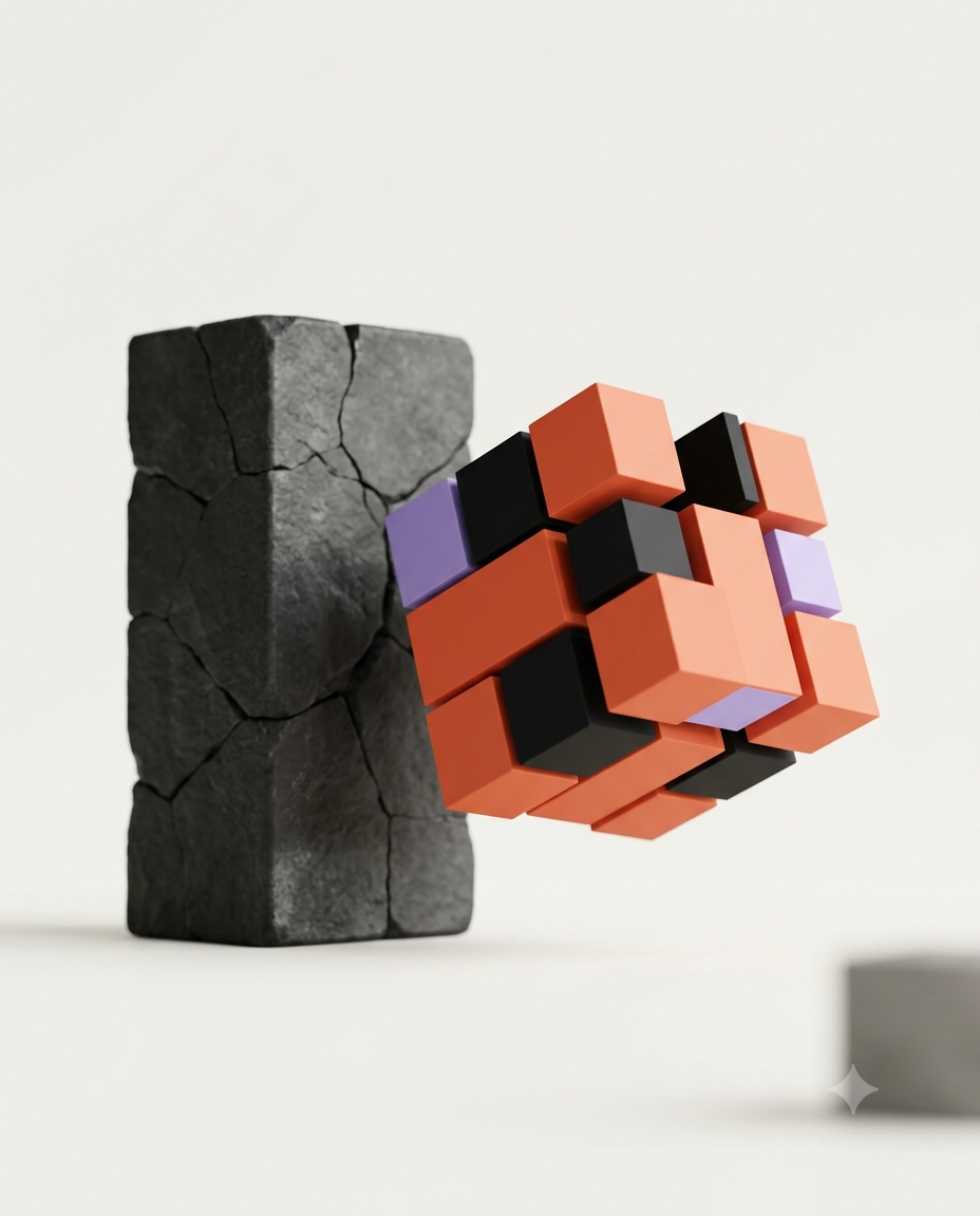 A cracked grey stone monolith beside bright modular blocks breaking free, illustrating moving from a heavy legacy CMS to a lighter modern one.
