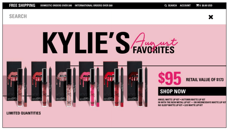 kylie cosmetics homepage showing the search bar at the top of the page