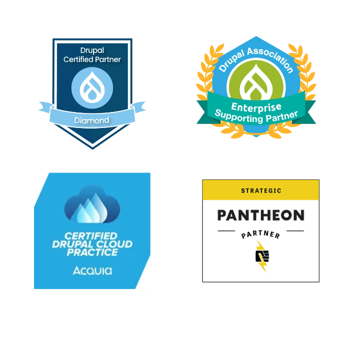 Drupal enterprise and diamond partner, Acquia and Pantheon partner badges 