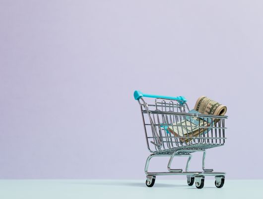 mini shopping cart filled with dollar bills 
